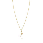 product image of a gold chain with a letter m pendant against a white background