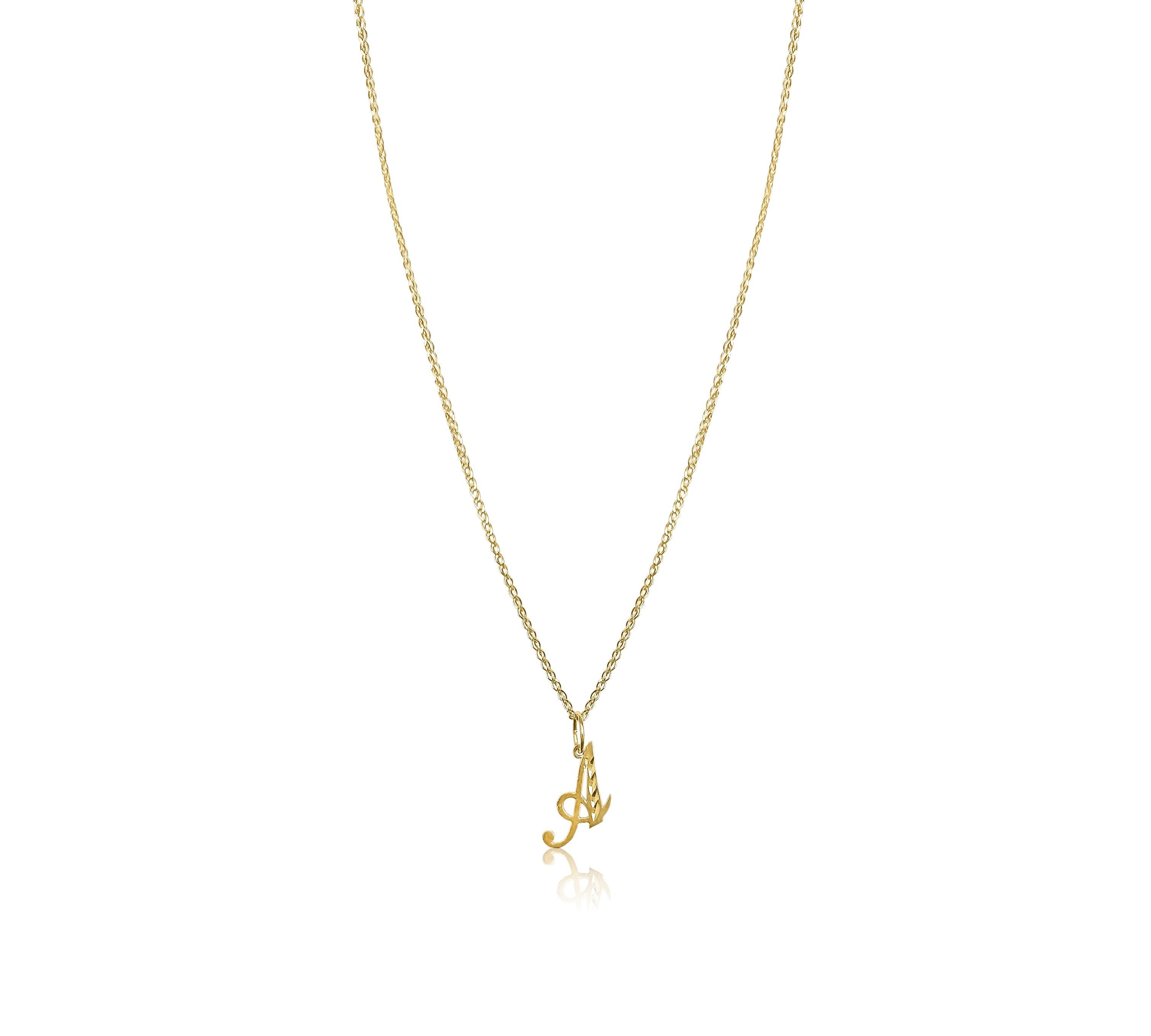 product image of a gold chain with a letter a pendant against a white background