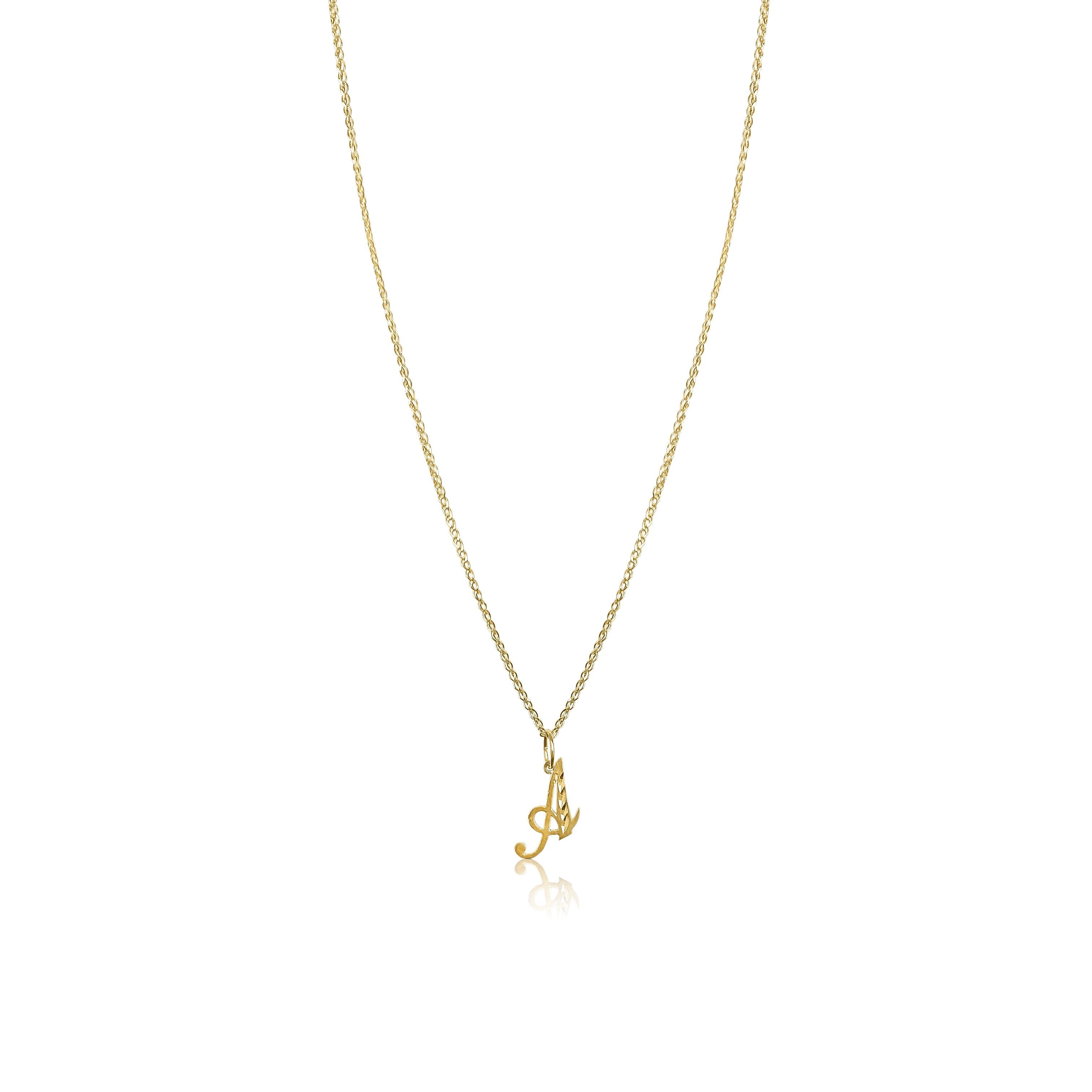 product image of a gold chain with a letter a pendant against a white background