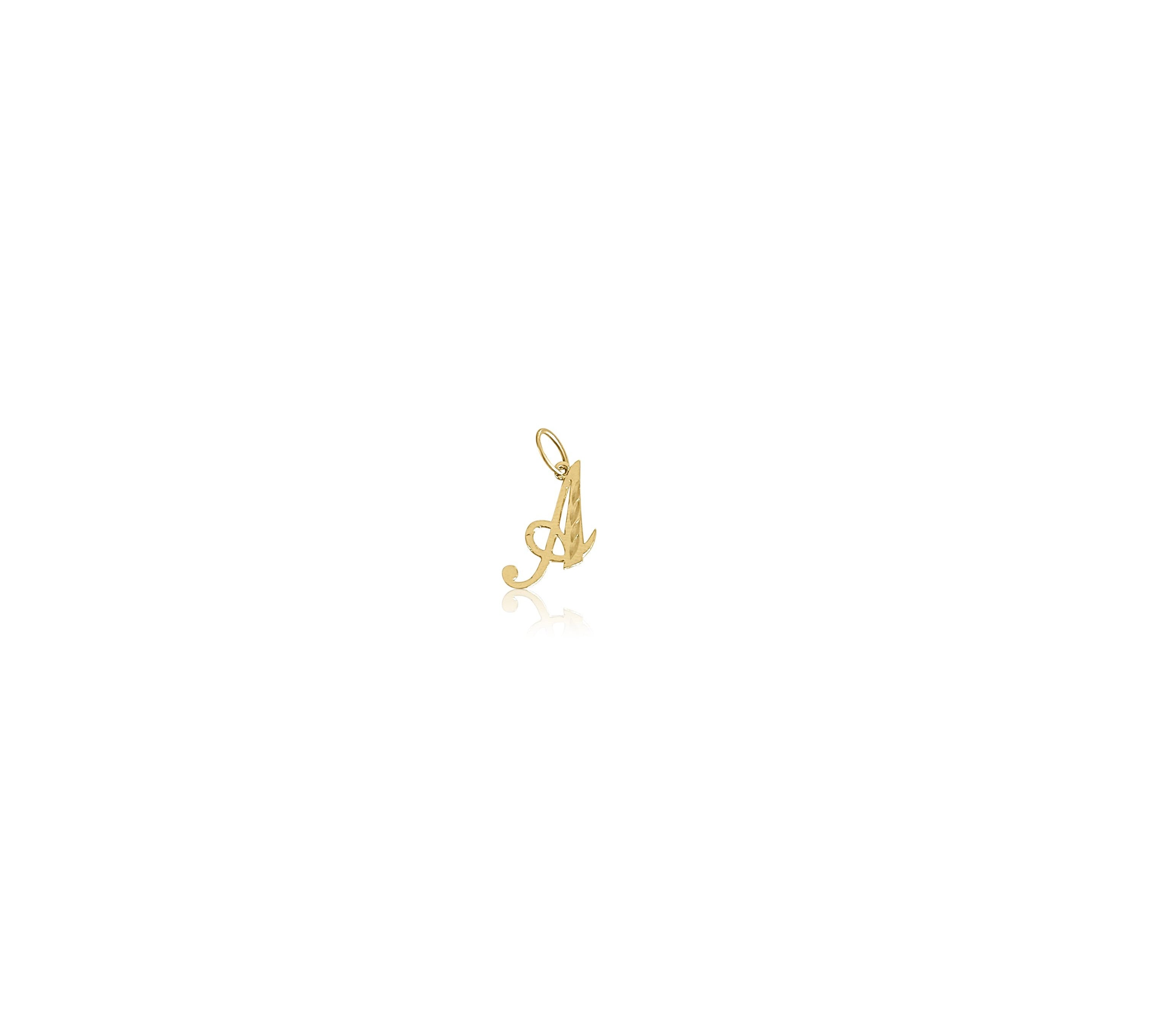 image of a gold pendant with a cursive letter a against a white background 